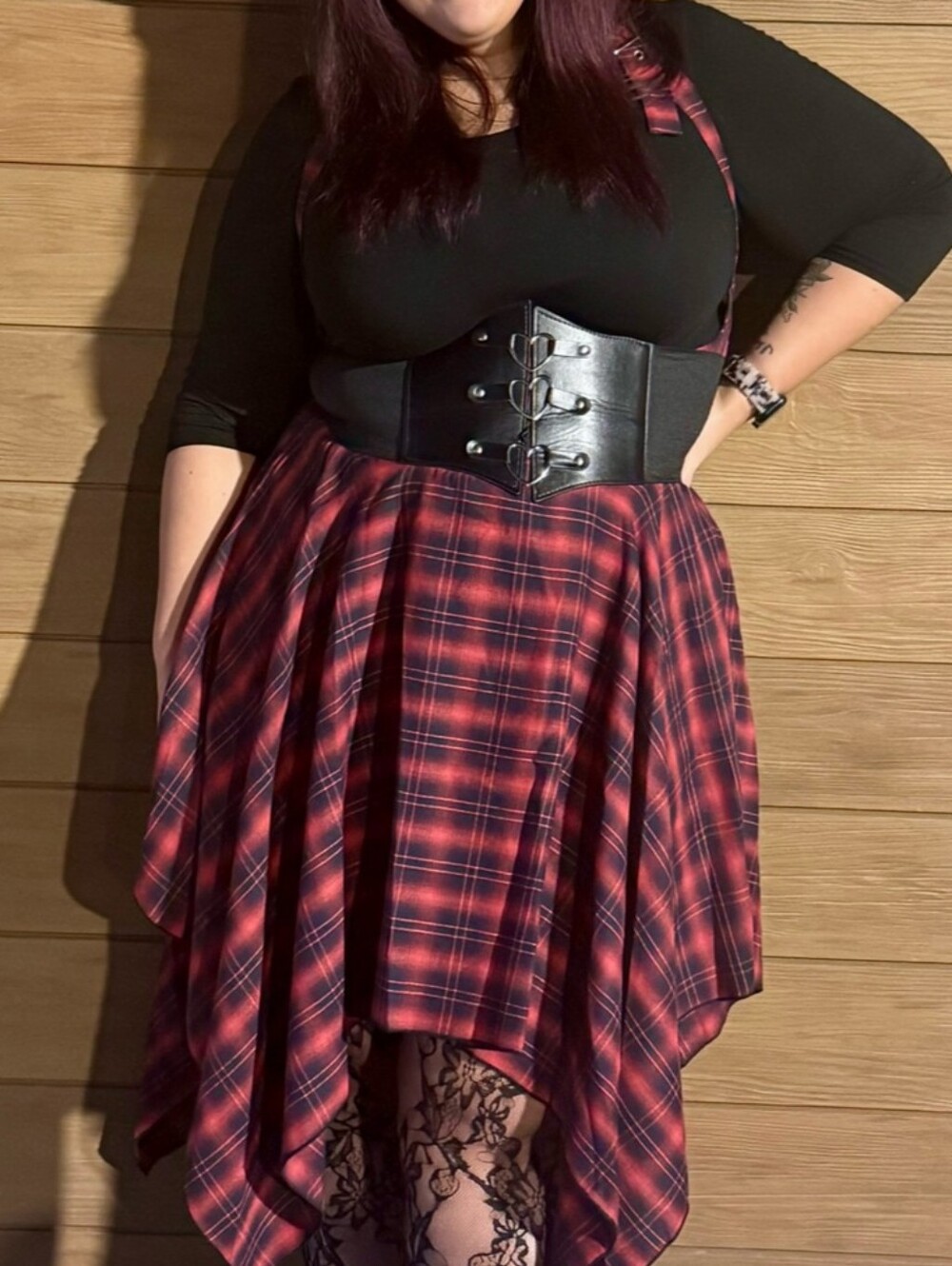 ROMWE Plus Size 2X Red Plaid Lace-Up Asymmetrical Grunge Punk Dress - Picture 5 of 5